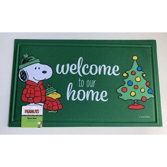 Peanuts Snoopy Christmas Puffy Coat Puffer Jacket Rubber Door Mat Rug 18X30” NEW - Picture 1 of 7